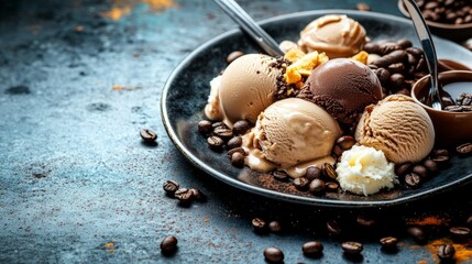 A beautiful arranged coffee ice cream platted in a table
