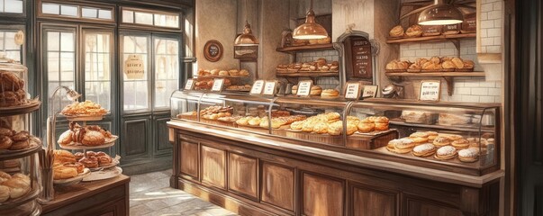 Vintage bakery shop, rustic counters filled with pastries, warm lighting, Watercolor style