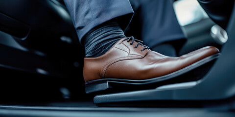 Close-up of male foot pushing on pedal of car brake in a car. Background for driving school