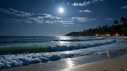 On the shore, waves glisten like jewels under the full moon's light, creating a serene atmosphere that captivates the soul