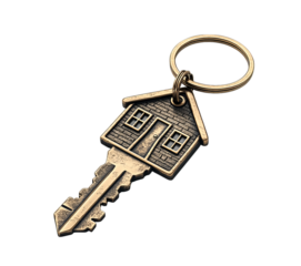 A vintage-style house-shaped keychain with a key attached is shown on a transparent background.

