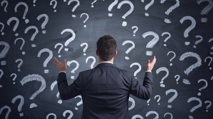 Lost in a Labyrinth of Questions: A businessman faces a wall plastered with question marks, embodying the search for solutions in the corporate world. 