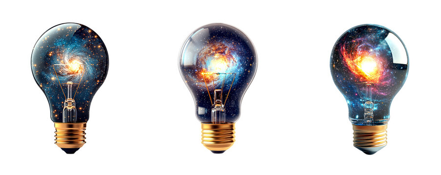 Three light bulbs filled with cosmic imagery, including stars, galaxies, and nebulae, are arranged in a row on a transparent background.

