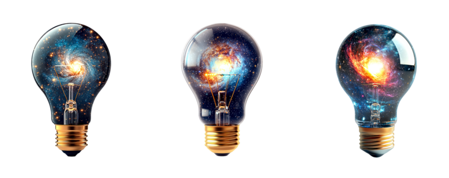 Three light bulbs filled with cosmic imagery, including stars, galaxies, and nebulae, are arranged in a row on a transparent background.

