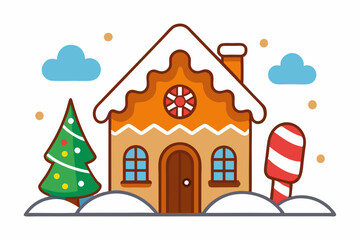  Festive gingerbread house in a snowy scene line art vector illustration