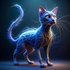 Obraz premium A 3D render of a thin, graceful cat crafted with intricate handmade filigree. The delicate design showcases detailed patterns and elegant curves, capturing a refined and artistic interpretation of the