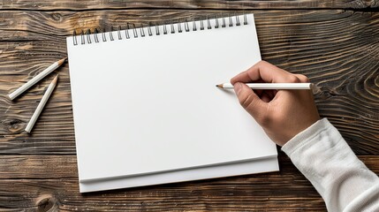 Close-up of a hand holding a pencil over a blank spiral notebook on a rustic wooden table, suggesting creativity, drawing, or planning.
