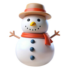 3D snowman wearing a hat and scarf, featuring button eyes, a carrot nose, and stick arms. Perfect for winter and Christmas themes. Isolated on transparent background, png.