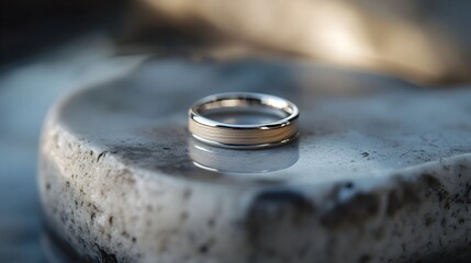 A delicate minimalist ring with a birch wood inlay encased in a slim platinum band resting on a clean monochrome surface exuding subtle elegance and refined luxury