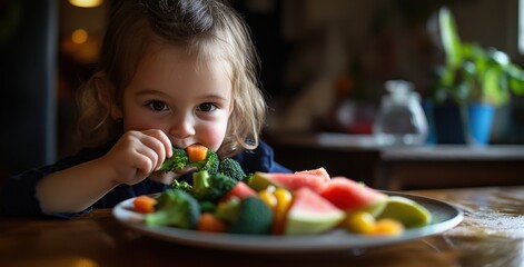 A young child eating vegetables and fruits at the dining table, a healthy lifestyle concept. Close-up shot, with focus on their face as they enjoy the delicious food