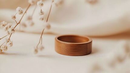 Minimalist Teak Wood Ring Displayed on a Soft Beige Background Embodying a Sense of Purity and Timeless Natural Aesthetics