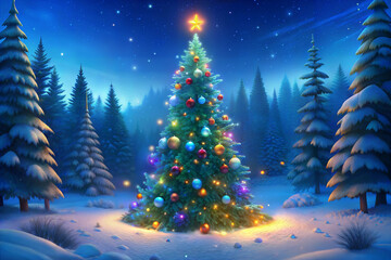 Obraz premium Majestic Christmas tree adorned with colorful ornaments and lights, glowing in a snowy forest under a starry night sky