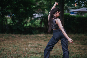 Naklejka premium A young woman embodies freedom and self-expression as she dances gracefully in a lush outdoor park setting.