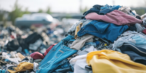 Pile of discarded clothing in landfill in the wasteland, concept of issues of fast fashion and sustainability