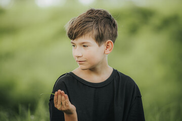 A young boy in a black shirt looks thoughtfully to the side while gently holding a blade of grass....