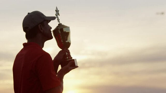 Male Caucasian Golf Player Victory Champion Success Winner Sunset