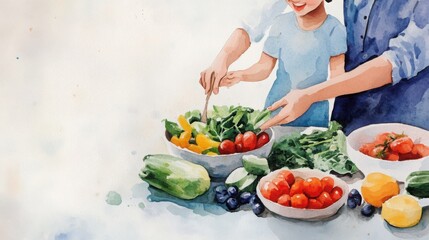A family enjoying a meal of fresh, wholesome foods, symbolizing the connection between nutrition and longevity, warm watercolor palette