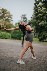A young girl performs a dance routine in a beautiful park environment, capturing elegance, freedom, and vitality against a backdrop of nature.