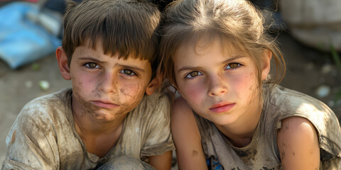 Fototapeta premium Poor, dirty and hungry children begging on the city street