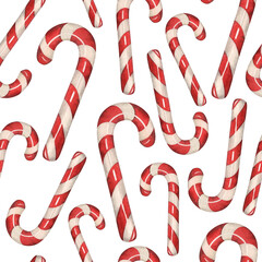 Seamless pattern with Christmas lollipops, in the shape of a hook with a white and red spiral. The illustration is hand-drawn in watercolor. For festive packaging, New Year's cards, wallpapers