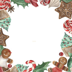 A square frame decorated with Christmas sweets. Cupcake, gingerbread, candy, lollipop, meringue, holly, berry, anise are hand-painted in watercolor. The illustration is in red, brown, and green colors