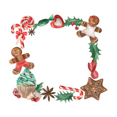 A square wreath decorated with Christmas sweets. Cupcake, gingerbread, candy, lollipop, meringue, holly, berry, anise are hand-drawn in watercolor. The illustration is in red, brown, and green colors