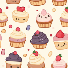 Seamless pattern with kawaii desserts
