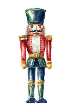 Watercolor painting of a nutcracker wearing a red jacket and blue pants