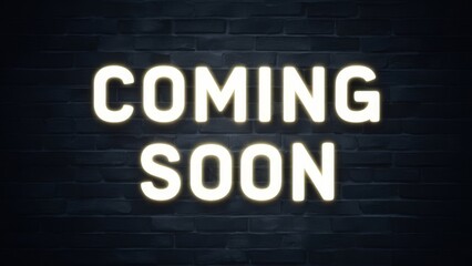 Coming soon neon typography on a brick wall background. Bold and modern design with a classic touch, suitable for announcements, events, or marketing materials, evoking urban and contemporary vibes