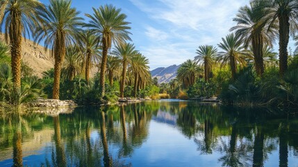 Obraz premium Tranquil Oasis with Palm Trees and Reflections