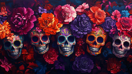 This striking garland features intricately painted skulls, surrounded by vivid flowers, celebrating Día de los Muertos, a cultural tradition honoring deceased loved ones.