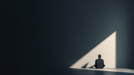 Silhouette of a person sitting alone, dark room with a single ray of light, 3D illustration