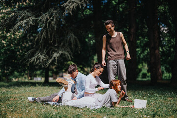 Group of friends enjoying a sunny day in the park with a laptop