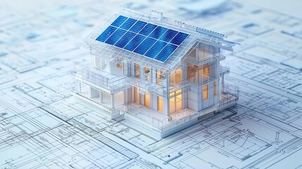 Energy-efficient house model with solar panels displayed over detailed blueprints promoting green building practices