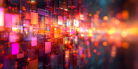 Obraz premium Abstract digital art showcasing vibrant colors and geometric shapes in a luminous composition during a futuristic themed display