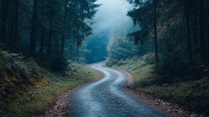 Fototapeta premium Winding gravel road through a misty forest with tall evergreen trees, creating an atmospheric and mysterious woodland scene