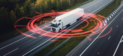Autonomous Truck Navigates the Future of Freight: A white semi-truck seamlessly travels down a highway, enveloped by a futuristic red digital HUD, representing the cutting edge of autonomous transport