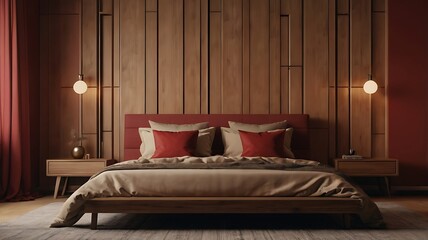 Interior design bedroom with wooden bed, lamp, pillows, and table