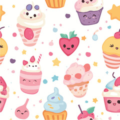 Seamless pattern with kawaii desserts