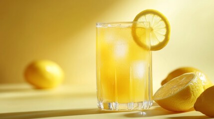 A high-quality stock image of a glass of fresh lemonade with a slice of lemon on the right side, leaving space on the left for text. Ideal for summer menus, beverage advertisements.