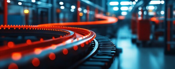 A close-up view of a conveyor belt in a modern industrial setting, showcasing illuminated processing equipment and workflow.