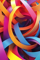 A colorful, abstract image of a bunch of different colored ribbons. The ribbons are twisted and curled, creating a sense of movement and energy. The colors are bright and vibrant
