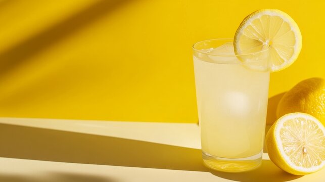 A high-quality stock image of a glass of fresh lemonade with a slice of lemon on the right side, leaving space on the left for text. Ideal for summer menus, beverage advertisements.