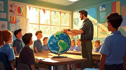 Exploring the World: Teacher and Students Learning Geography Around a Globe in Classroom