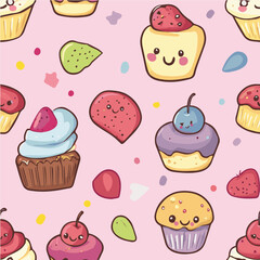 Seamless pattern with kawaii desserts