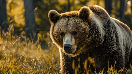 Brown bear standing on four legs between deciduous trees with autumn dense forest in background. World Animal Day and National Wildlife Day