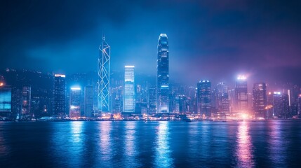 Fototapeta premium A high-quality stock image of a futuristic city skyline at night with glowing lights on the right side, leaving space on the left for text. Perfect for technology advertisements, sci-fi themes.