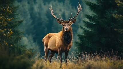 Obraz premium Red deer standing between coniferous trees with dense forest in background. World Animal Day and National Wildlife Day