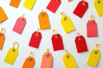 Colorful gift tags with yellow string lying on white background
