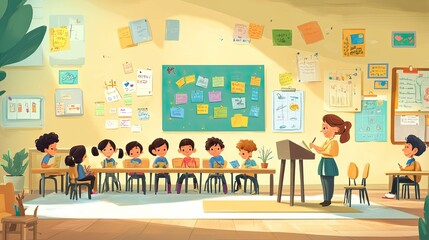 Obraz premium Fun Language Lesson in Classroom with Teacher and Students Writing, Educational Posters on Walls